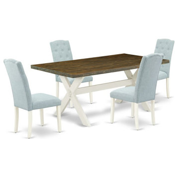 East West Furniture X-Style 5-piece Wood Dining Set in Linen White/Blue