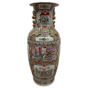 Consigned Early 20th Century Chinese Hand Painted Rose Medallion Temple Vase