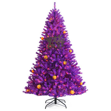 6ft Pre-lit Purple Halloween Christmas Tree w/ Lights Pumpkin Decorations