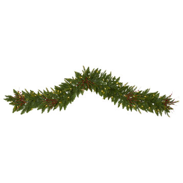 6' Christmas Pine Artificial Garland With 50 Warm White LED Lights and Berries