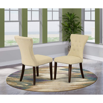 2 Pack Dining Chair, Padded Linen Seat and Diamond Button Tufted Back, Light Beige