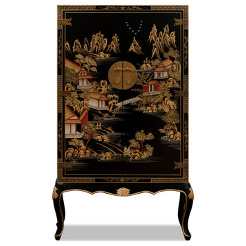 Black Victorian Style Chinoiserie Chinese Scenery Motif Armoire