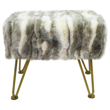 Soft Faux Fur Ottoman Fuzzy Entryway Bench Seat, Grey, 19"x13"x17"