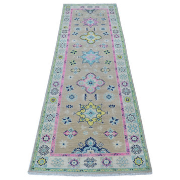 Gray Fusion Kazak Pure Wool Hand Knotted Runner Oriental Rug, 2'6" x 8'0"