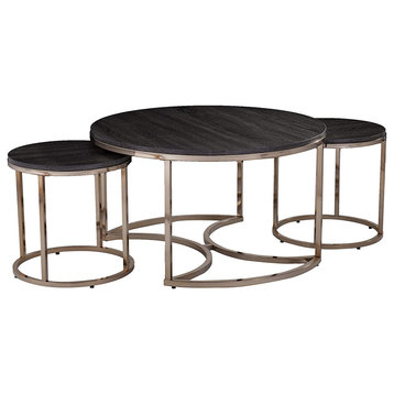 3 Pieces Coffee Table Set, Nesting Design With Champagne Frame and Espresso Top