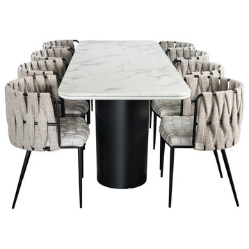 Balmain Marble Top Dining Set for 8, Off White Chairs