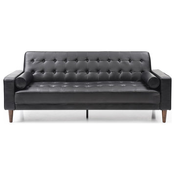Black Faux Leather Sofa With Flared Arms