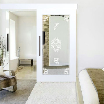 Mirror Sliding Barn Door with Victorian Frosted Designs, 2x Mirror, 32"x84"inche