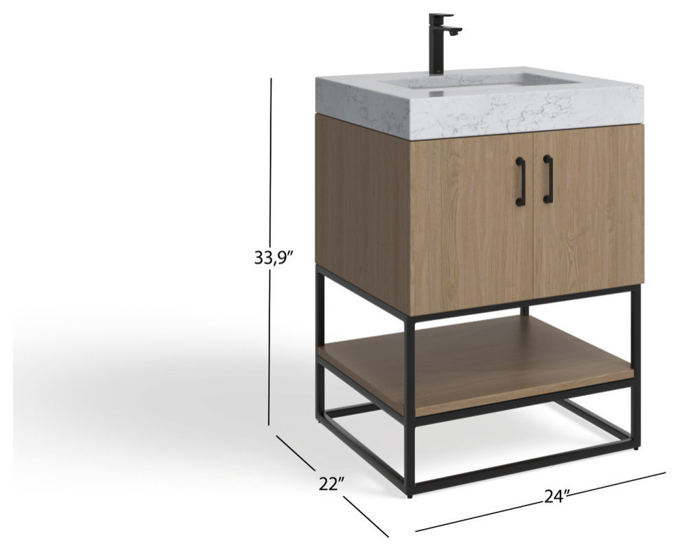 Alistair Bath Vanity, Oak, 24", Matte Black Hardware, Single, Freestanding