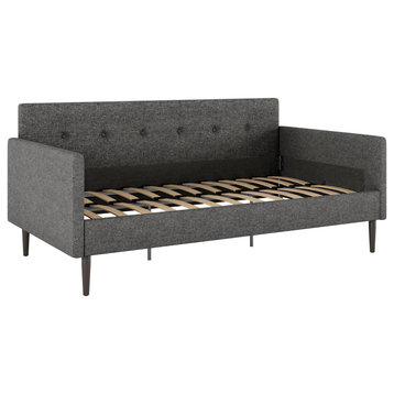 Midcentury Modern Daybed, Linen Upholstery & Tufted Backrest, Gray, Twin