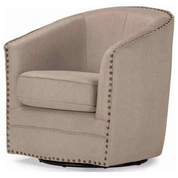 Transitional Swiveling Accent Chair, Barrel Design With Nailhead Accents, Beige