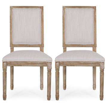 Amy French Country Wood Upholstered Dining Chair, Set of 2, Light Gray/Natural