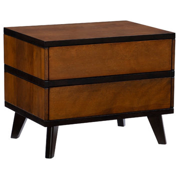 Mid Century Modern 2 Drawers Nightstand, Warm Brown Body With Black Trim Accents