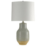 StyleCraft Home Collection - Prova Gray Dipped Ceramic Body Table Lamp with Hardback Shade - A stylish fixture with a neutral color scheme and three-way functionality, this table lamp has a ceramic frame and a hardback shade of white fabric. The finish on the frame is gray with a small section of beige at the bottom. A stylish accent for a bedroom nightstand or an office desk, this gray table lamp also looks great in a dining room, living room, or hallway.