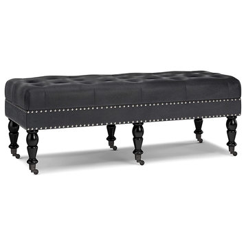 Traditional Ottoman, Distressed Faux Leather Seat With Casters Wheels, Black