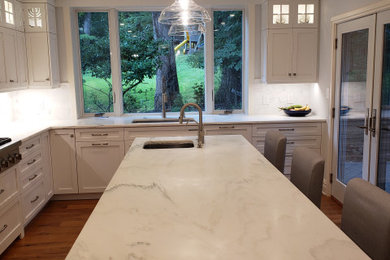 Mid-sized transitional l-shaped kitchen photo in New York with an island