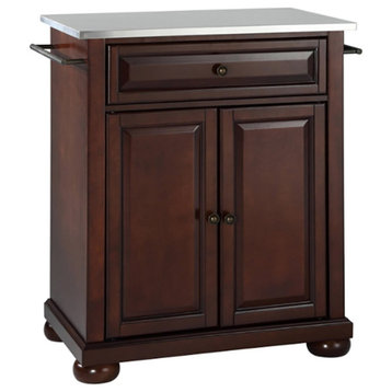 Catania Modern Stainless Steel Top Portable Kitchen Island in Mahogany