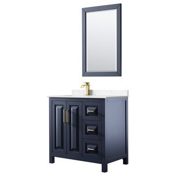 Daria 36" Dark Blue Single Vanity, Cultured Top, Gold Trim, 24" Mirror