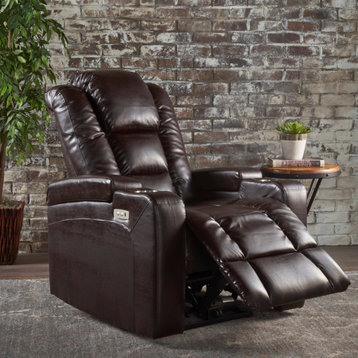GDF Studio Everette  Brown Leather Power Recliner With Arm Storage and USB Cord
