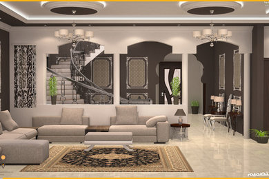 Inspiration for a large timeless formal and loft-style ceramic tile and beige floor living room remodel in Other with gray walls and a wall-mounted tv