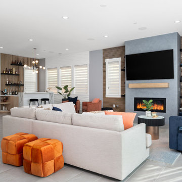 Modern Living room and Bar with orange accents.