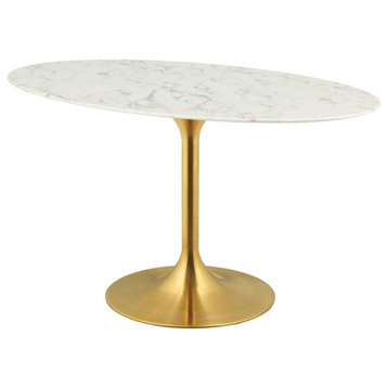 Contemporary Dining Table, Pedestal Base With Oval Shaped Faux Marble Top