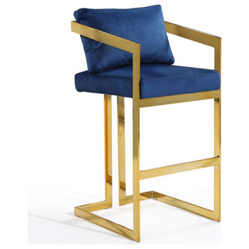 Set of 2 Bar Stools, Velvet Upholstered Seat With Midback, Navy and Gold