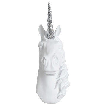 Mini Faux Unicorn Head Wall Mount Sculpture, Silver Glitter Antlers