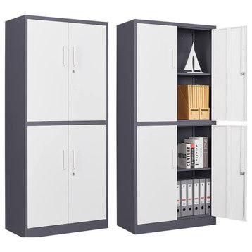Metal Storage Cabinet, 4 Doors & 2 Adjustable Shelves, Gray/White