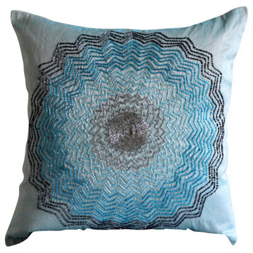 Blue Beaded Flower Throw Pillows Cover, Art Silk 18x18 Pillow Case, Blue Blast