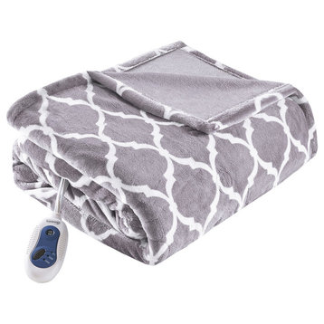 Beautyrest Knitted Ogee Printed Microlight Heated Throw, Gray