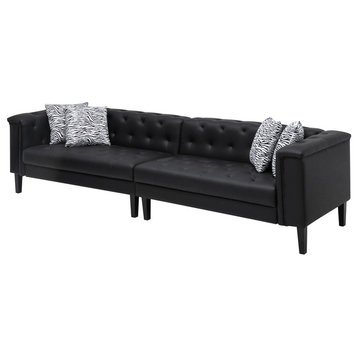 Sarah Vegan Leather Tufted Sofa With 4 Accent Pillows, Black