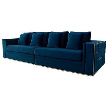 Divani Casa Mobray Velvet Fabric & Stainless Steel Sofa in Blue/Gold