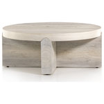 Four Hands - Oscar Coffee Table,Bleached Oak - Keep things light and monochromatic with a rounded coffee table made from bleached and natural oak veneer. Slab-style legs intersect a thick-cut top for an intriguing, geometric touch. A subtle color variance is to be expected from piece to piece, reflective of sun bleaching process.