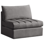 Meridian Furniture - Jacob Velvet Upholstered Modular Armless Chair, Grey - Create the ideal seating arrangement for your space when you pick and choose the elements you like mostincluding this Jacob velvet modular armless chair. Mix and match items in the Jacob collection to bring your living space or family room together with a personalized slant. Soft grey velvet upholstery is soft and welcoming to the touch, adding a luxurious feel to everyday seating. Deep channel tufting adds to the piece's durability, and latches underneath the unit make it easy to attach to other pieces in the collection.