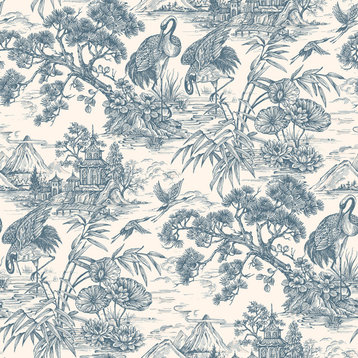 Majestic Crane Tropical Print Textured Wallpaper 57 Sq. Ft., Navy Cream, Double Roll