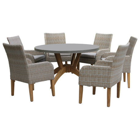 7-Piece Nautical Teak, Ash Gray Wicker and Composite Round Dining Set, Sunbrella