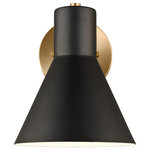 Generation Lighting Collection - Towner 1-Light Wall/Bath Sconce, Satin Brass - The Sea Gull Lighting Towner one light wall sconce in satin brass offers shadow-free lighting in your powder room, spa, or master bath room. The Towner lighting collection by Sea Gull Lighting brings mid-century, retro style to the traditional circular silhouette, creating a bold statement that would accent any space in your home. The conical light shades deliver a fun design statement along with the textured cloth cords, which are adjustable for leveling. These fixtures are ideal for dining room lighting, living room lighting and kitchen lighting. The assortment includes three-, five- and seven-light chandeliers, three- and five-light cluster pendants, eight-light island pendants, one-light mini pendants, and one-light wall sconces. The Towner Collection is available in two finishes, Satin Bronze and Brushed Nickel to complete the look. All fixtures are available as ENERGY STAR-qualified and California Title 24 compliant.
