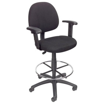 Boss Office Contoured Comfort Rolling Fabric Drafting Stool with Arms in Black
