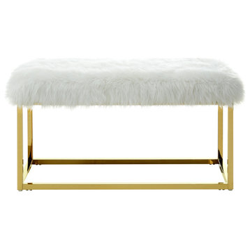 Astraea Faux Fur Metal Frame Ottoman Bench, White/Gold
