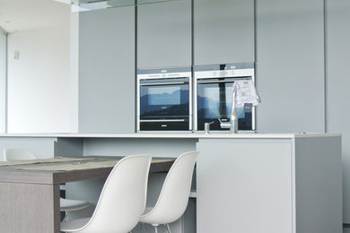 Eat-in kitchen - mid-sized contemporary galley porcelain tile eat-in kitchen idea in Other with flat-panel cabinets, gray cabinets, quartz countertops and an island