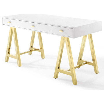 Contemporary Desk, Stainless Steel Legs With 3 Storage Drawers, White/Gold