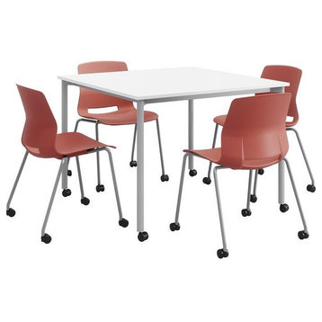 KFI Dailey 42in Square Dining Set - White/Silver Table - Coral Chairs w/Casters
