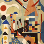 Kashmir Designs - Kandinsky Tapestry 3ft x 5ft  Blue Composition VII Wall Hanging Carpet Rug Wool - This modern accent wall art / tapestry / rug is hand embroidered by the finest artisans and design inspired by the works of Wassily Kandinsky. These wall art / tapestry / rugs can be used to decorate the walls of your homes or to spice up the decor.
