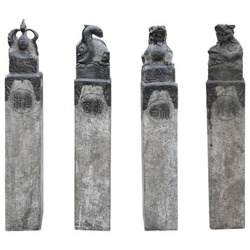 Chinese Set Gray Black Stone Fengshui Four Symbols Slim Pole Statue Hcs7648