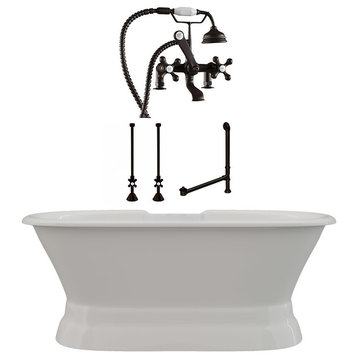 66" Double Ended Cast Iron Pedestal Tub, Deck Mount Plumbing Package "Worth"
