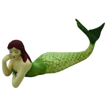 Luxe Mermaid Bathing Beauty Lying Figure Statue, Red Hair Fantasy Green
