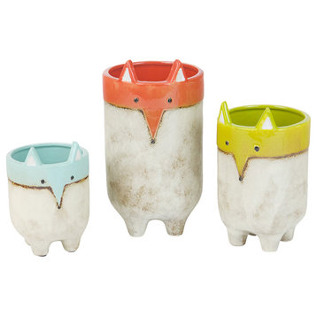 Two-Tone Modern Fox Design Cylindrical Ceramic Pots, 3-Piece Set