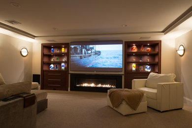 Design ideas for a large contemporary open plan home cinema in New York with beige walls, carpet, a projector screen and beige floors.