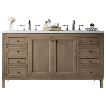 Chicago 60" Double Vanity Walnut w/3 CM Arctic Fall Solid Surface Top